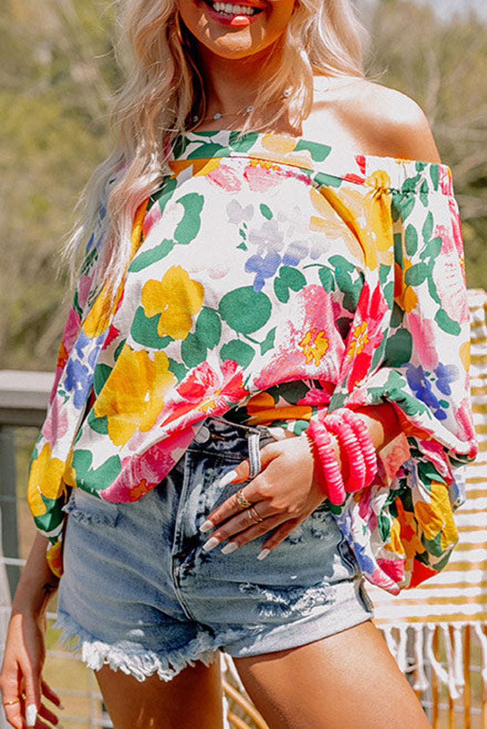 White Water Painting Flowers Sexy Off Shoulder Top