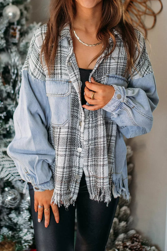 Plaid Patchwork Fringed Flap Pockets Denim Jacket