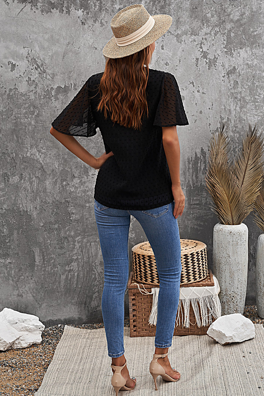 Crochet V Neck Swiss Dot Butterfly Sleeve Top