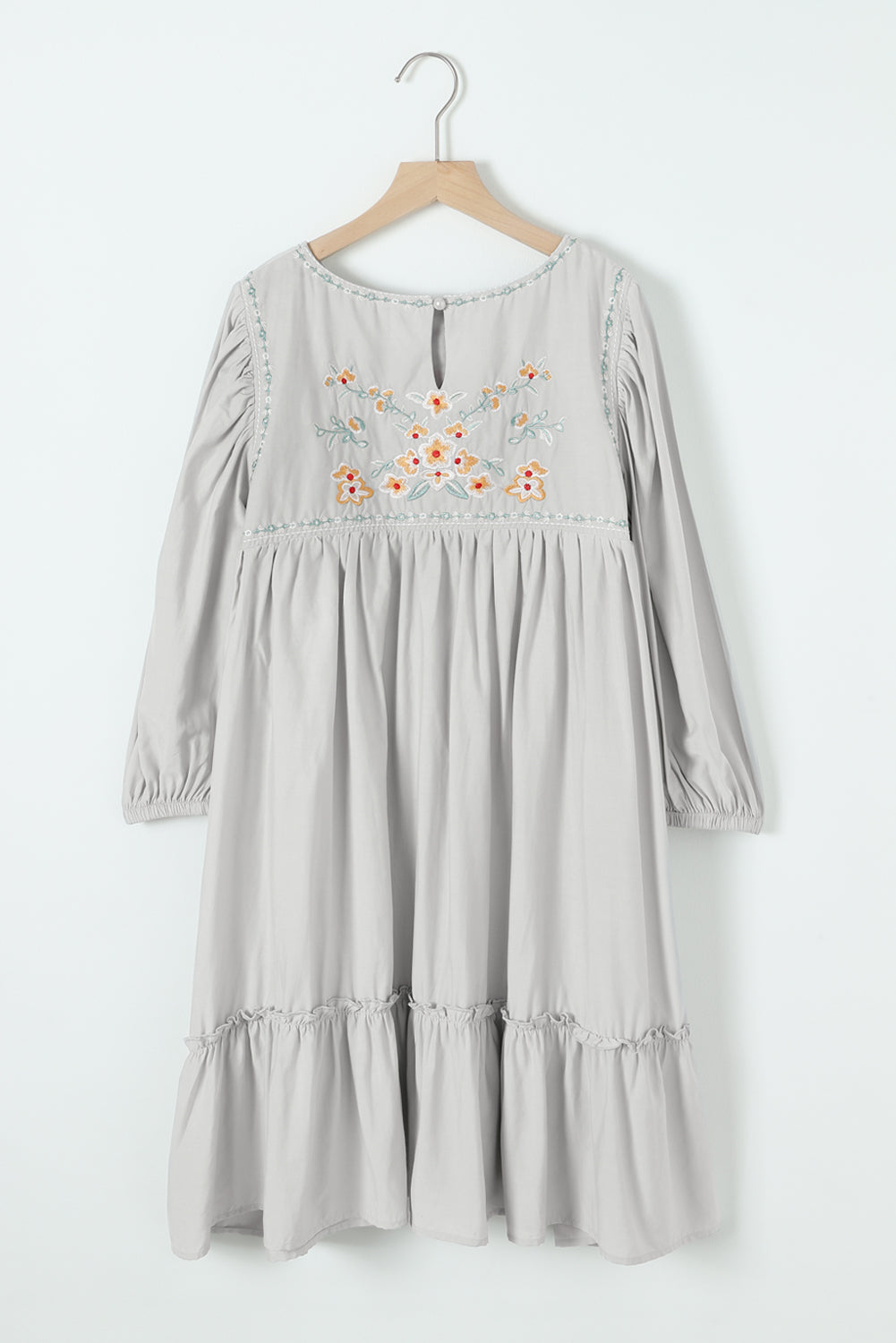 Gray Floral Embroidered Long Sleeve Babydoll Mini Dress