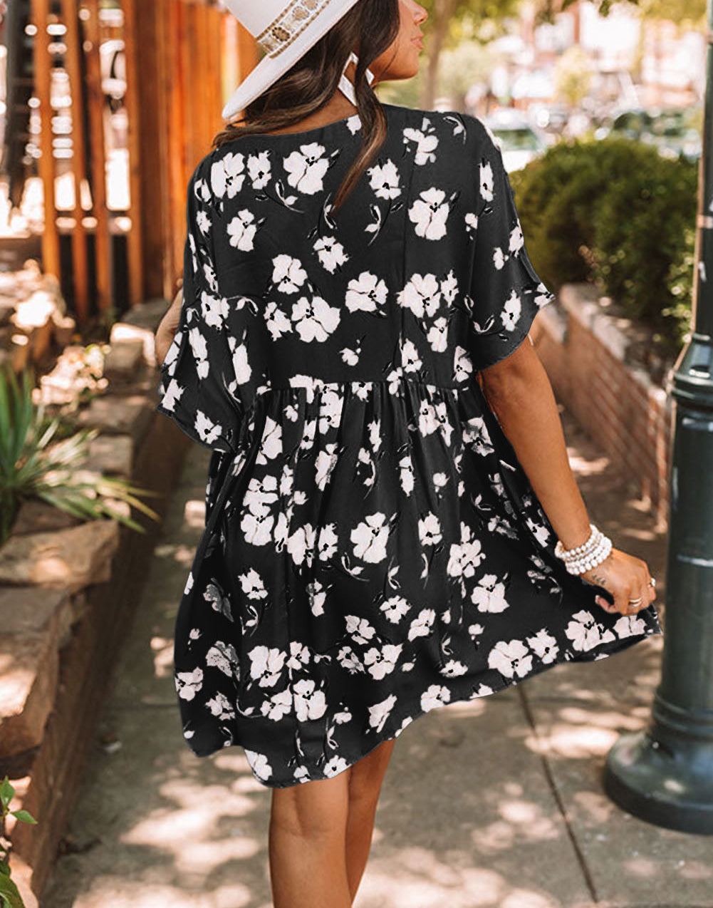 Black Khaki V Neck Floral Babydoll Dress with Pockets