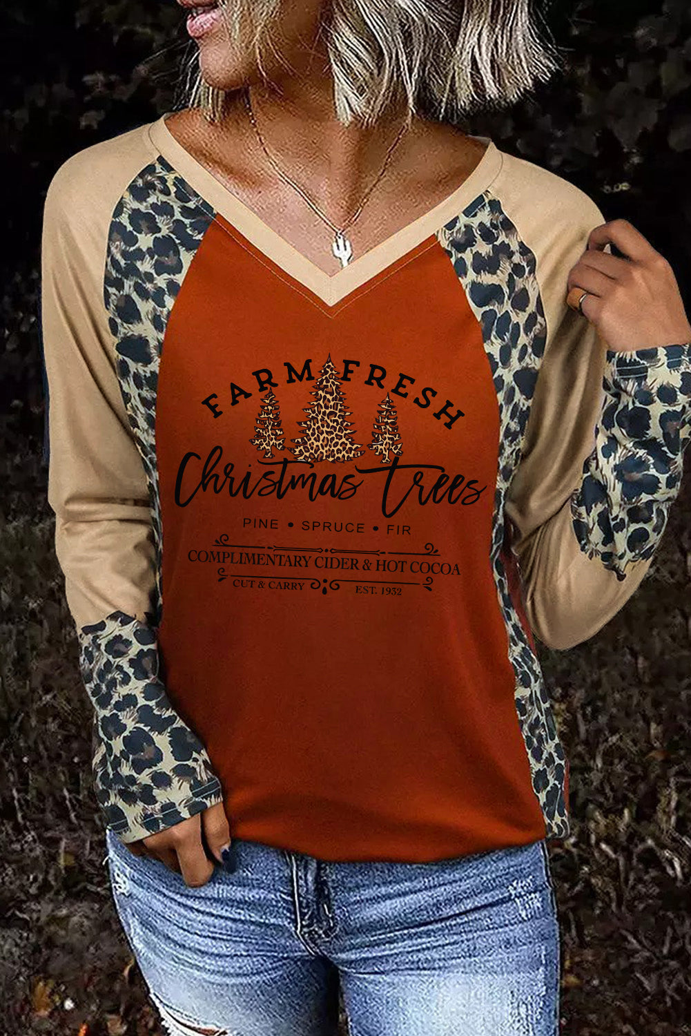 Brown Christmas Tree Leopard Color Block V Neck Top